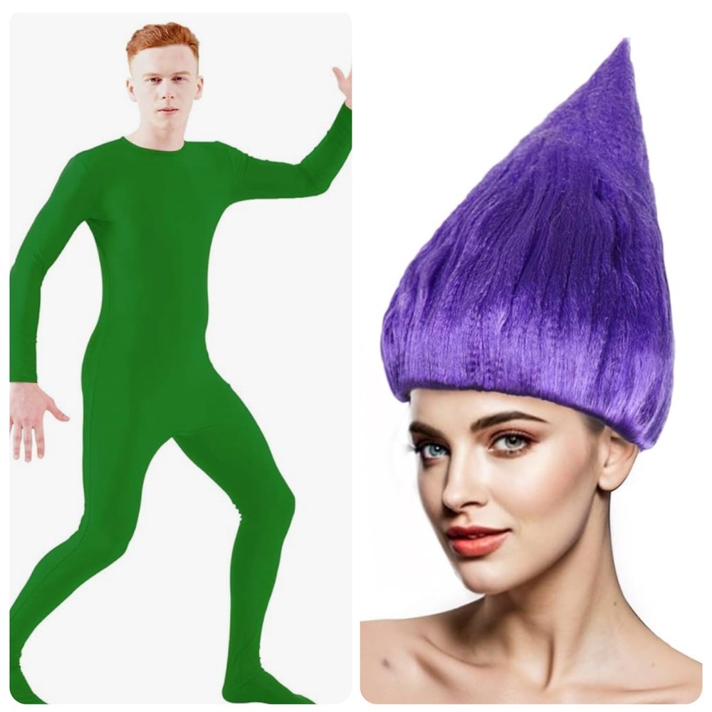 Adult Troll Doll Costume - Purple Wig and Green Costume Set - large